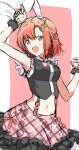  1girl absurdres arm_up armpits black_shirt blush commentary frilled_skirt frills hand_up highres instrument_hair_ornament kino_himari looking_at_viewer medium_hair navel open_mouth orange_hair pink_background pink_skirt red_eyes rio_beginner sasayaku_you_ni_koi_wo_utau shirt skirt sleeveless sleeveless_shirt smile solo two-tone_background unfinished white_background wrist_cuffs 