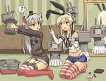  2girls amatsukaze_(kantai_collection) black_panties blonde_hair blue_skirt blush bow breasts brown_eyes buttons collarbone crop_top dress elbow_gloves eyebrows_visible_through_hair fake_eyelashes fang garter_straps gloves grey_eyes hair_tubes half_updo highleg highleg_panties holding indoors jpeg_artifacts kantai_collection lipstick long_hair long_sleeves makeup makeup_brush mars_symbol mirror multiple_girls navel open_mouth panties pantyshot pleated_skirt reflection rensouhou-chan rensouhou-kun revision rigging sailor_collar sailor_dress school_uniform seiza serafuku shimakaze_(kantai_collection) sidelocks silver_hair sitting skirt small_breasts smokestack_hair_ornament soushou_nin speech_bubble spoken_exclamation_mark spoken_mars_symbol striped striped_legwear thighhighs underwear v-shaped_eyebrows white_gloves 