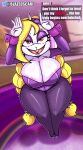  absurd_res accessory anthro big_breasts big_butt blazedscarf blonde_hair braided_hair breasts broodal butt clothing dialogue english_text female fishnet_clothing fishnet_legwear footwear hair hair_accessory hariet_(mario) hi_res lagomorph legwear long_hair looking_at_viewer mammal mario_bros nintendo pigtails red_eyes shoes solo super_mario_odyssey talking_to_viewer text thick_thighs tight_clothing voluptuous_female wide_hips 