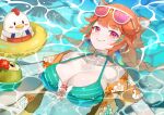  1girl animal_ears bikini breasts cat_ears cleavage closed_mouth coconut_cup floating hawaiian_shirt highres hololive hololive_english innertube kemonomimi_mode kfp_employee_(takanashi_kiara) large_breasts long_hair looking_at_viewer official_alternate_costume open_clothes open_shirt orange_eyes orange_hair partially_submerged purple_eyes shirt smile solo swim_ring swimsuit takanashi_kiara takanashi_kiara_(casual) upper_body virtual_youtuber water yoshikawa_hiro 