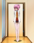  1girl ami arms_behind_back blush idol_kouhosei loli necktie one_side_up pink_hair pink_legwear plaid_skirt short_hair skirt tagme thighhighs zettai_ryouki 