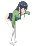  1girl :o absurdres ahoge arm_support ass bent_over black_hair blue_buruma buruma full_body green_track_suit gym_uniform highres long_hair shinonome_(pixiv_id_57460864) shirt simple_background solo standing thighhighs white_background white_footwear white_shirt white_thighhighs yahari_ore_no_seishun_lovecome_wa_machigatteiru. yukinoshita_yukino 