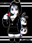  1girl 2boys alice_(bendy_and_the_ink_machine) bendy bendy_and_the_ink_machine black_hair black_lips boris_(bendy_and_the_ink_machine) bow bowtie halo hoodie multiple_boys thighhighs wolf 