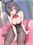  animal_ears armpit_crease bare_shoulders between_legs black_hair breasts cleavage collarbone colored_inner_hair covered_navel detached_collar fake_animal_ears hair_between_eyes hand_between_legs honkai:_star_rail honkai_(series) looking_at_viewer medium_breasts medium_hair multicolored_hair ozzyart_0221 pantyhose parted_lips pink_nails playboy_bunny rabbit_ears red_eyes signature sitting thighs twitter_username wariza wrist_cuffs xueyi_(honkai:_star_rail) 