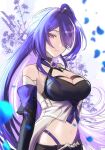  1girl 30_byou_suwa acheron_(honkai:_star_rail) ahoge black_gloves breasts cleavage commentary elbow_gloves gloves highres honkai:_star_rail honkai_(series) large_breasts long_hair looking_at_viewer midriff navel parted_lips purple_eyes purple_hair single_bare_shoulder solo stomach upper_body very_long_hair 