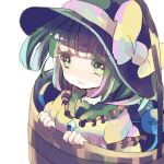  1girl black_hat blouse bow bucket buttons diamond_button eyeball frilled_shirt_collar frilled_sleeves frills green_hair hat hat_bow hat_ribbon heart heart_of_string hiyuu_(hiyualice) in_bucket in_container komeiji_koishi ribbon shirt solo third_eye touhou wide_sleeves wooden_bucket yellow_bow yellow_ribbon yellow_shirt 