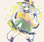  1girl black_hat blouse bow buttons diamond_button eyeball frilled_shirt_collar frilled_sleeves frills green_hair hat hat_bow hat_ribbon heart heart_of_string hiyuu_(hiyualice) komeiji_koishi ribbon shirt solo third_eye touhou wide_sleeves yellow_bow yellow_ribbon yellow_shirt 