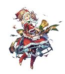  apron bangs bare_shoulders bell blonde_hair blue_eyes boots breasts detached_collar dress fire_emblem fire_emblem:_kakusei fire_emblem_heroes frills full_body fur_trim hat highres holding knee_boots liz_(fire_emblem) long_hair long_sleeves looking_away medium_breasts official_art one_eye_closed open_mouth pantyhose red_footwear ribbon santa_costume solo torn_clothes torn_legwear transparent_background umiu_geso 