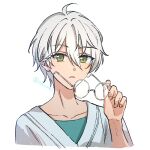  1boy closed_mouth ensemble_stars! glasses green_eyes green_undershirt grey_background hitumeji looking_at_viewer male_focus natsu_kanna pixiv_username removing_eyewear round_eyewear shirt short_hair simple_background solo twitter_username white_hair white_shirt 