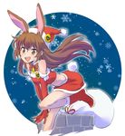  animal_ears boots brown_eyes brown_hair bunny_ears bunny_girl bunny_tail chimney christmas commentary dress hat iesupa long_hair rwby sack santa_boots santa_costume santa_hat snowflakes snowing solo strapless strapless_dress tail velvet_scarlatina 