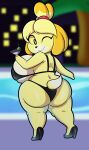 2024 absurd_res animal_crossing anthro beverage big_breasts big_butt bikini black_bikini black_bikini_bottom black_bikini_top black_clothing black_eyes black_footwear black_high_heels black_nose black_swimwear blonde_hair breasts butt canid canine canis cel_shading clothing colored digital_media_(artwork) domestic_dog female footwear hair hi_res high_heels holding_beverage holding_object isabelle_(animal_crossing) looking_back mammal night nintendo one_eye_closed plant pool rear_view red_hairband shaded shih_tzu smile solo someth1ngoranother swimwear thick_thighs tight_clothing toy_dog tree wink yellow_body yellow_ears