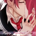  1boy 1girl blush collared_shirt commentary_request earrings fingernails hand_in_another&#039;s_hair happy_valentine hetero jewelry kiss lanmei_jiang long_hair lowres ming_wei_aiqing_de_chibang multiple_earrings necktie pink_hair red_hair red_necktie shirt short_hair upper_body white_shirt 