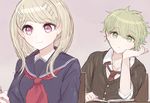  1boy 1girl ahoge akamatsu_kaede amami_rantarou blonde_hair book danganronpa duo green_eyes green_hair hair_ornament hairclip long_hair matching_hair/eyes necktie new_danganronpa_v3 piercing purple_eyes school_uniform serafuku short_hair sitting smile sweater tie uniform 