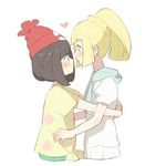  beanie black_hair blonde_hair blush eye_contact from_side green_eyes hat heart hug lillie_(pokemon) long_hair looking_at_another mizuki_(pokemon) multiple_girls parted_lips pleated_skirt pokemon pokemon_(game) pokemon_sm ponytail profile puffy_short_sleeves puffy_sleeves red_hat shirt short_hair short_sleeves sidelocks simple_background skirt tareme tied_shirt unapoppo upper_body white_background white_shirt white_skirt yellow_shirt yuri 