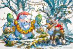  ^_^ abomasnow arms_up artist_name christmas christmas_lights closed_eyes commentary delibird ekm hat iron_bundle pokemon red_hat riding riding_pokemon santa_hat sawsbuck snover snow standing star_(symbol) symbol-only_commentary tinsel tree white_background 