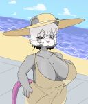  american_opossum anthro beach big_breasts black_eyes black_hair blush breasts clothing commonbleat curvy_figure detailed_background dress female fur grey_body grey_fur hair holly_cherry_(commonbleat) huge_breasts mammal markings marsupial mole_(marking) slightly_chubby solo sundress virginia_opossum voluptuous voluptuous_female whiskers white_body white_fur white_hair yellow_clothing 