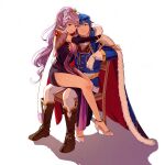  1boy 1girl armor blue_cape blue_eyes blue_hair boots breasts cape cleavage dress earrings fire_emblem fire_emblem:_genealogy_of_the_holy_war flower hair_flower hair_ornament headband high_heels highres ishtar_(fire_emblem) ishtar_(fire_emblem)_(echoing_thunder) jewelry long_hair long_sleeves looking_at_viewer mango_(mgosketches) official_alternate_costume pants ponytail purple_eyes purple_hair red_cape seliph_(fire_emblem) seliph_(scion_of_light)_(fire_emblem) shadow shoulder_armor simple_background sitting sitting_on_lap sitting_on_person smile thighs very_long_hair white_background white_cape white_headband white_pants 
