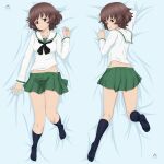  1girl absurdres acrux akiyama_yukari artist_logo bed_sheet black_neckerchief black_socks blouse brown_eyes brown_hair commentary dakimakura_(medium) dated english_commentary from_behind girls_und_panzer green_skirt half-closed_eyes highres kneehighs kneepits leg_up long_sleeves looking_at_viewer looking_back lying messy_hair midriff_peek miniskirt multiple_views neckerchief on_back on_bed on_stomach ooarai_school_uniform open_mouth pleated_skirt sailor_collar school_uniform serafuku shirt short_hair skirt smile socks white_sailor_collar white_shirt 