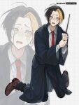  1boy black_hair black_robe brown_footwear collared_shirt facial_mark finn_ames full_body highres long_sleeves m_aizw mashle multicolored_hair necktie open_mouth red_necktie robe shirt short_hair solo split-color_hair wand white_shirt yellow_eyes 