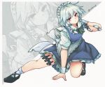  1girl apron black_footwear braid closed_mouth full_body ginnkei grey_hair izayoi_sakuya looking_at_viewer maid maid_headdress red_eyes short_sleeves side_braids socks solo thigh_strap touhou twin_braids twitter_username waist_apron white_apron white_socks zoom_layer 