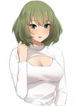  bangs blue_eyes blush breasts cleavage cleavage_cutout eyebrows_visible_through_hair eyelashes green_eyes green_hair heterochromia highlights highres idolmaster idolmaster_cinderella_girls long_sleeves looking_at_viewer medium_breasts meme_attire mole mole_under_eye multicolored_hair open-chest_sweater parted_lips playing_with_own_hair senju_(snz0) short_hair simple_background solo sweater takagaki_kaede tsurime upper_body upper_teeth white_background white_sweater 