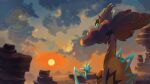  artist_logo blurry blurry_background body_fur cloud highres long_neck mountain pokemon pokemon_(creature) raging_bolt solo sun sunset watermark yellow_fur yuzhongwho 