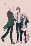  1girl 2boys ? ahoge black_pants black_shirt black_thighhighs breasts brown_footwear brown_hair brown_skirt danganronpa_(series) danganronpa_2:_goodbye_despair full_body green_jacket green_necktie grey_background highres hinata_hajime hood hood_down hooded_jacket jacket kaminezu komaeda_nagito large_breasts long_sleeves medium_hair miniskirt multiple_boys nanami_chiaki necktie pants pink_eyes pink_footwear pleated_skirt shirt shoes short_hair simple_background skirt standing thighhighs two-tone_shirt usami_(danganronpa) white_footwear white_shirt zettai_ryouiki 