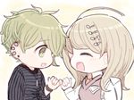  1boy 1girl ahoge akamatsu_kaede amami_rantarou backpack bag blonde_hair danganronpa duo eyebrows eyes_closed green_eyes green_hair hair_ornament hairclip jewelry long_hair matching_hair/eyes musical_note musical_note_hair_ornament necklace necktie new_danganronpa_v3 school_uniform shirt short_hair striped striped_shirt sweater sweater_vest tie uniform 