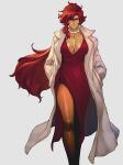  1990s_(style) 1girl alternate_costume bare_legs breasts cleavage coat cocktail_dress colorized dark-skinned_female dark_skin david_liu dress earrings english_commentary feet_out_of_frame grey_background hands_in_pockets highres jewelry large_breasts long_coat long_dress long_hair looking_at_viewer maria_(space_maria) multiple_scars necklace no_bra open_clothes open_coat pearl_necklace plunging_neckline red_dress red_eyes red_hair retro_artstyle scar scar_on_breasts side_slit solo space_maria sphere_earrings thighs trench_coat very_long_hair walking 