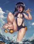  1girl barefoot battleship black-framed_eyewear black_choker black_eyes black_hair black_slingshot_swimsuit blue_sky bob_cut breasts choker cloud cloudy_sky commentary contrail cowboy_shot day destruction fang giant giantess girls_und_panzer kawashima_momo leg_up medium_breasts military_vehicle monocle navel ocean outdoors semi-rimless_eyewear ship short_hair sky soles solo standing standing_on_one_leg tearing_up toes under-rim_eyewear wading warship watercraft wet yilx 