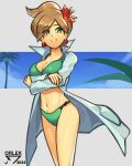  1girl absurdres alolan_exeggutor arms_under_breasts artist_name aurea_juniper bikini breasts brown_hair cleavage coat cowboy_shot crossed_arms earrings english_commentary flower green_bikini green_eyes hair_flower hair_ornament highres jewelry lab_coat long_sleeves navel open_clothes open_coat orlek pokemon pokemon_(creature) pokemon_bw swimsuit white_coat 