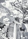  1boy 1girl angel angel_wings apron cherry_blossoms dress flying frilled_dress frills greyscale halo highres looking_at_another monochrome open_mouth original outdoors petals railing rooftop school_uniform sky smile stairs tree wings wolrero 