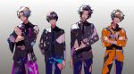  4boys android black_hair black_jacket black_shirt blonde_hair brown_hair hito01 horobi_(kamen_rider_01) humagear_headphones ikazuchi_(kamen_rider_01) jacket jin_(kamen_rider_01) jumpsuit kamen_rider kamen_rider_01_(series) long_sleeves looking_at_viewer male_focus multiple_boys naki_(kamen_rider_01) necktie open_mouth robot_ears shirt short_hair simple_background smile white_background 