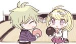  1boy 1girl ahoge akamatsu_kaede amami_rantarou backpack bag blonde_hair bowling bowling_ball danganronpa duo eyebrows eyes_closed green_hair hair_ornament hairclip happy long_hair miniskirt musical_note musical_note_hair_ornament necktie new_danganronpa_v3 open_mouth pants purple_eyes school_uniform shirt short_hair skirt striped striped_shirt sweater sweater_vest tie uniform 