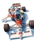  1girl absurdres aqua_eyes aqua_hair arm_support bulma car collared_shirt crossed_legs dragon_ball dragon_ball_z formula_one formula_racer from_above goodyear hand_on_own_knee haow helmet highres honda light_blush looking_at_viewer marlboro mclaren_mp4/5 motor_vehicle open_mouth race_vehicle racecar red_shorts shadow shell_(company) shirt shoes short_hair short_sleeves shorts side-view_mirror simple_background sitting smile sneakers solo spoiler_(automobile) steering_wheel tag_heuer vehicle_focus white_background white_footwear white_shirt 
