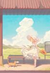  1girl bench blonde_hair blue_eyes blue_sky bow bus_stop cat cloud cumulonimbus_cloud day dress eob field flat_chest flower frilled_dress frills grass grasslands hair_ornament hairclip half-closed_eyes hat hat_bow hat_ribbon highres hill holding holding_flower kagamine_rin letter light_blush long_dress medium_hair mountainous_horizon mouth_hold orange_fur outdoors ribbon road sandals skinny sky sleeveless sleeveless_dress striped_fur sun_hat sundress sunflower vocaloid walking white_bow white_dress white_footwear white_hat white_ribbon wind 