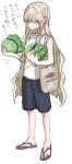  1girl bag black_shorts brown_bag cabbage commentary dei_matsuri flip-flops food full_body hashtag-only_commentary highres holding holding_food holding_vegetable kimi_no_koto_ga_dai_dai_dai_dai_daisuki_na_100-nin_no_kanojo light_brown_hair long_hair looking_at_food nozawa_yukiko sandals shirt shopping_bag shorts shoulder_bag sleeveless sleeveless_shirt solo translation_request vegetable very_long_hair white_shirt 