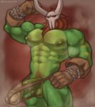 abs anthro balls baragoon64 big_arms big_pecs big_penis body_hair bone bulge chest_hair clothed clothing erection flexing genitals gloves glowing glowing_eyes green_body hair handwear happy_trail hi_res humanoid_genitalia humanoid_penis ineffective_clothing looking_at_viewer male muscular muscular_male navel partially_clothed pecs penis pubes red_background red_eyes red_hair simple_background skull solo speedo swimwear topless unknown_species