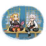  2boys abs black_socks demon_slayer_uniform eating food hair_between_eyes highres holding holding_food holding_vegetable japanese_clothes kimetsu_no_yaiba krit long_hair long_sleeves male_focus multiple_boys open_mouth orange_hair rengoku_kyoujurou scar scar_on_chest scar_on_face scar_on_forehead scar_on_nose shinazugawa_sanemi sitting socks sweet_potato translation_request twitter_username v-shaped_eyebrows vegetable white_hair 