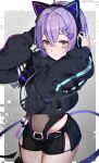  animal_ear_headphones animal_ears belt black_belt cropped_jacket fake_animal_ears hair_ornament hairclip headphones highres holding holding_headphones long_sleeves purple_hair ringozeri see-through shinomiya_runa short_hair shorts virtual_youtuber vspo! yellow_eyes 