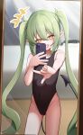  1girl :d absurdres alternate_costume black_one-piece_swimsuit blue_archive blurry breasts cellphone collarbone commentary_request covered_navel depth_of_field doodle_sensei_(blue_archive) green_hair groin hair_between_eyes halo head_tilt highleg highleg_swimsuit highres holding holding_phone indoors kirishiroart long_hair looking_at_viewer mirror nozomi_(blue_archive) one-piece_swimsuit phone pointy_ears selfie sensei_(blue_archive) sidelocks small_breasts smartphone smile solo_focus swimsuit taking_picture twintails v yellow_eyes 