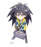  1boy black_hair black_pants blue_shirt blush collarbone dated full_body highres holding holding_suitcase kaiba_mokuba long_hair looking_at_viewer male_focus moemoenomori pants purple_eyes shirt simple_background solo suitcase vest white_background yellow_vest yu-gi-oh! yu-gi-oh!_duel_monsters 