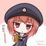  :o bangs black_neckwear brown_hair can canned_coffee dated dress eyebrows_visible_through_hair hat holding holding_can kantai_collection komakoma_(magicaltale) leaning_to_the_side looking_at_viewer navy_blue_dress navy_blue_hat outstretched_arm parted_lips peaked_cap pink_eyes sailor_dress solo translated twitter_username z3_max_schultz_(kantai_collection) 