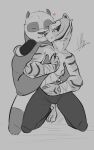 anthro areola bear blush bottomwear breast_grab breasts clothed clothing digital_media_(artwork) dreamworks drinking duo embrace eyes_closed felid female fur giant_panda hand_on_breast htzx kneeling kung_fu_panda male male/female mammal master_po_ping master_tigress monochrome nipples orange_body overweight pantherine romantic romantic_ambiance smile tiger topless topless_anthro topless_female