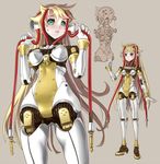  android aqua_eyes beige_background black_sclera blonde_hair breasts cable katahira_masashi long_hair looking_at_viewer mecha_musume medium_breasts original parted_lips robot_joints simple_background solo 