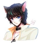  1boy animal_ear_fluff animal_ears artist_name belt_collar black_collar black_hair blade_&amp;_soul blue_eyes cat_ears closed_mouth collar commentary_request expressionless jewelry lanmei_jiang looking_at_viewer lyn_(blade_&amp;_soul) male_focus medium_bangs necklace open_clothes open_shirt shirt short_hair signature solo upper_body variant_set wavy_hair white_shirt 