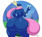  2024 amphibian anthro big_breasts big_butt blue_body blue_tail border breasts bubble_butt butt cel_shading colored digital_media_(artwork) eyelashes female frog generation_6_pokemon greninja holding_object holding_shuriken huge_butt hyper hyper_tongue ll-ss long_tongue looking_back nintendo pink_eyes pink_tongue pokemon pokemon_(species) ranged_weapon rear_view shaded shuriken signature solo tail thick_thighs tongue weapon white_border 