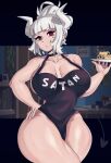 absurd_res apron apron_only big_breasts black_apron black_clothing black_tail breasts cherr_yred choker cleavage clothed clothing demon demon_humanoid eyelashes female food front_view hair hand_on_hip helltaker hi_res holding_food holding_object holding_plate horn horned_humanoid humanoid jewelry looking_at_viewer lucifer_(helltaker) markings mole_(marking) mole_under_eye necklace pancake red_eyes solo spade_tail tail tailed_humanoid thick_thighs white_hair white_horn wide_hips