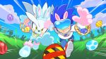  2boys animal_ears artist_request bad_source basket blue_sky cloud cosplay easter_egg egg fake_animal_ears highres male_focus multiple_boys official_art open_mouth outdoors rabbit_ears reaching running shirt silver_the_hedgehog sky smirk sonic_(series) sonic_man sonic_the_hedgehog sonic_the_hedgehog_(2006) sonic_the_hedgehog_(cosplay) white_shirt yellow_eyes 