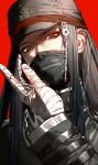  1boy androgynous arm_belt bad_id bad_twitter_id bandaged_hand bandages belt black_belt black_hair black_hat black_jacket black_mask black_sleeves chain chromatic_aberration collared_jacket covered_mouth danganronpa_(series) danganronpa_v3:_killing_harmony grey_eyes hand_in_own_hair hat high_collar highres jacket layered_sleeves long_hair long_sleeves looking_at_viewer male_focus mask mouth_mask peaked_cap red_background red_pupils shinguji_korekiyo simple_background sokuse_kienta solo straight_hair thick_eyebrows upper_body zipper zipper_pull_tab 